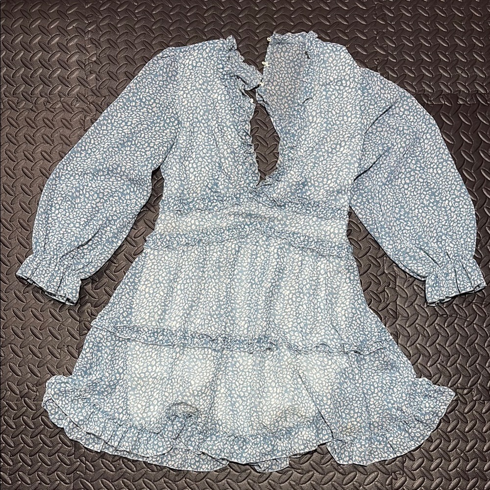 Blue and White Ruffled Tiered Sundress with Bishop Sleeves